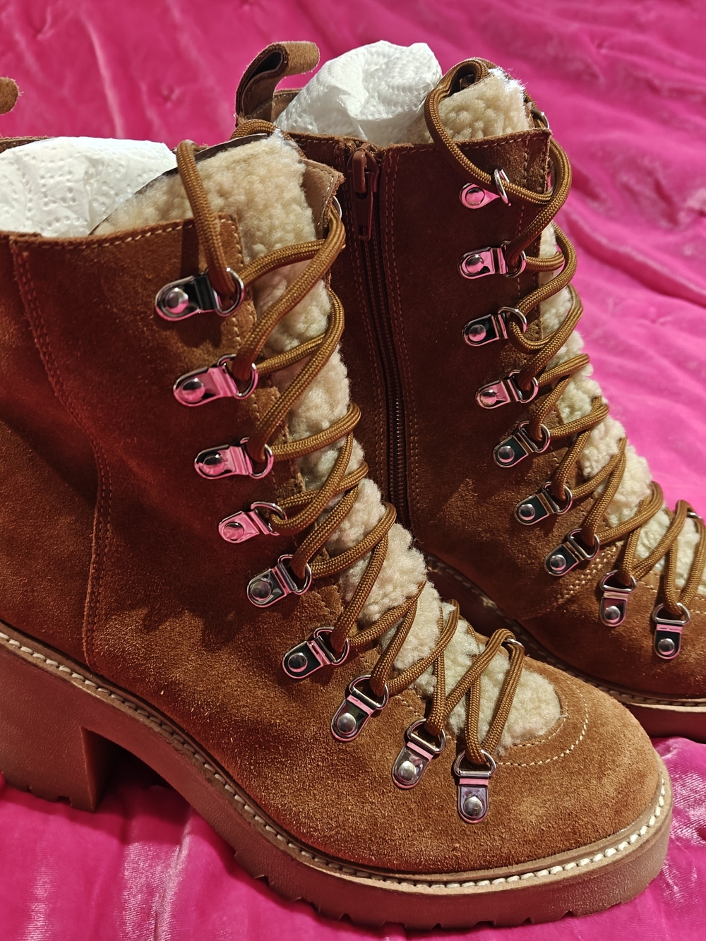 Jeffrey Campbell Brown Suede Leather, Faux Shearling Lace-Up Ankle Boots 10